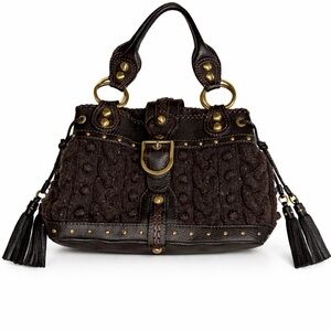 Y2K Rafe New York Boho Knit Leather Satchel Tassel Studded Brown Bag Brass Rings
